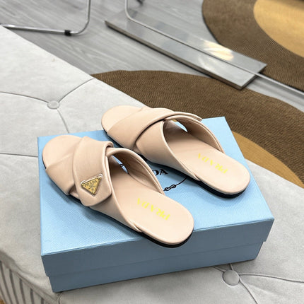 PRADA 25S SLIDE SANDALS IN BEIGE CALFSKIN LOGO