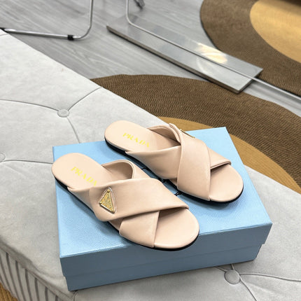 PRADA 25S SLIDE SANDALS IN BEIGE CALFSKIN LOGO