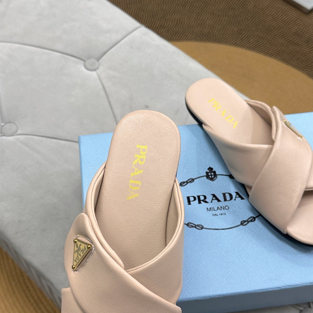 PRADA 25S SLIDE SANDALS IN BEIGE CALFSKIN LOGO