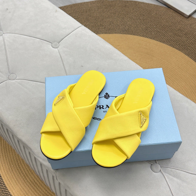 PRADA 25S SLIDE SANDALS IN YELLOW CALFSKIN LOGO