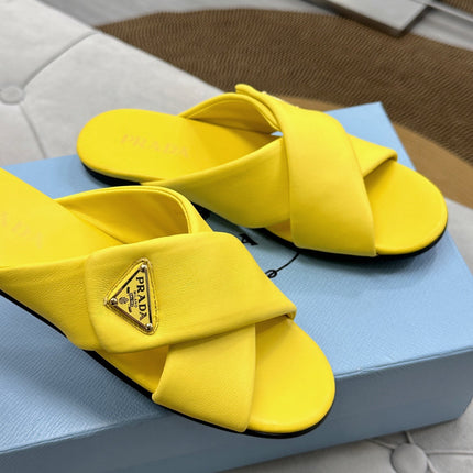 PRADA 25S SLIDE SANDALS IN YELLOW CALFSKIN LOGO