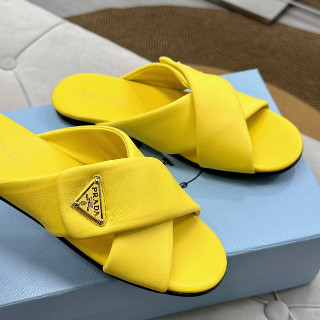 PRADA 25S SLIDE SANDALS IN YELLOW CALFSKIN LOGO