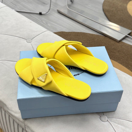PRADA 25S SLIDE SANDALS IN YELLOW CALFSKIN LOGO