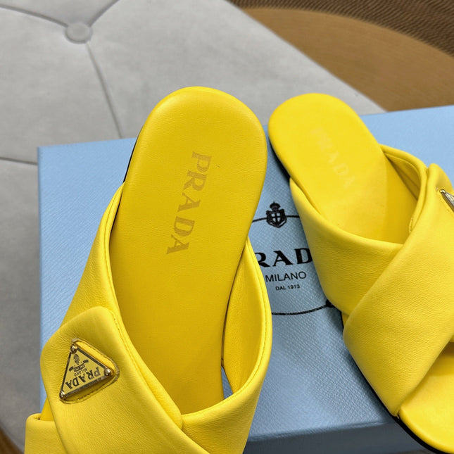 PRADA 25S SLIDE SANDALS IN YELLOW CALFSKIN LOGO