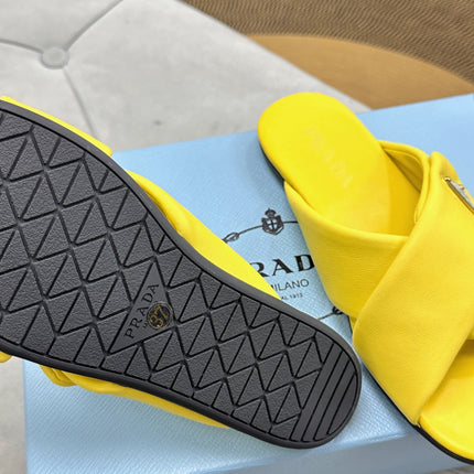 PRADA 25S SLIDE SANDALS IN YELLOW CALFSKIN LOGO