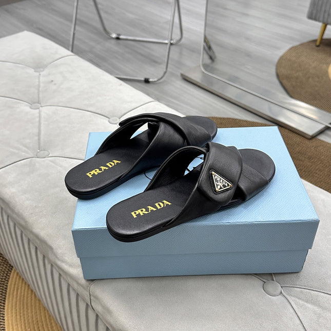 PRADA 25S SLIDE SANDALS IN BLACK CALFSKIN LOGO