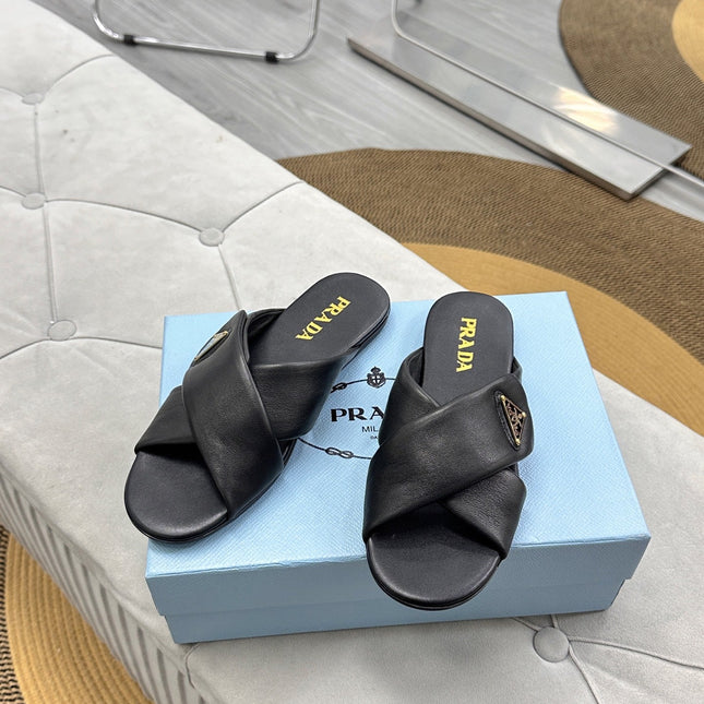 PRADA 25S SLIDE SANDALS IN BLACK CALFSKIN LOGO