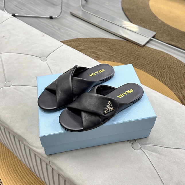 PRADA 25S SLIDE SANDALS IN BLACK CALFSKIN LOGO