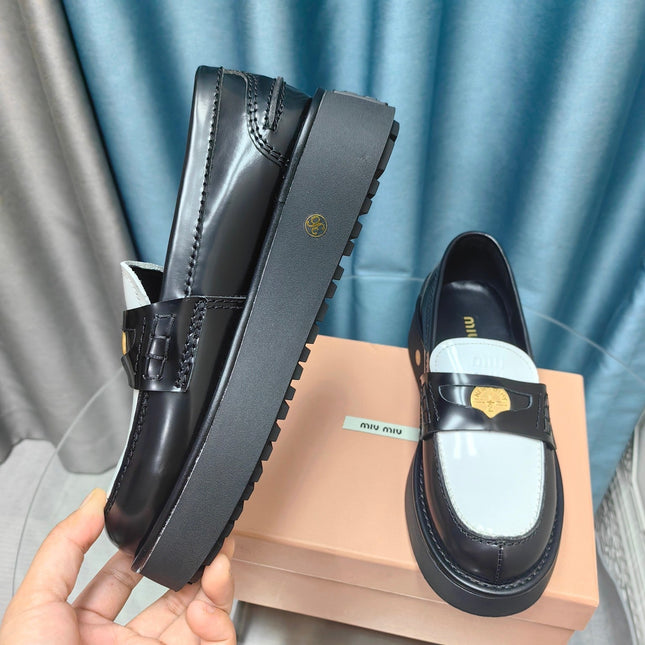 THICK-SOLED LOAFERS SHOES BLACK MIX WHITE COWHIDE