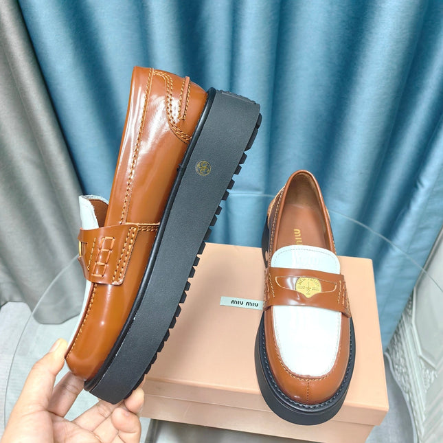 THICK-SOLED LOAFERS SHOES CARAMEL MIX WHITE COWHIDE