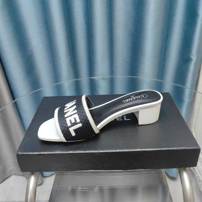 MULE SANDAL 45 WHITE BLACK FABRIC EMBROIDERY