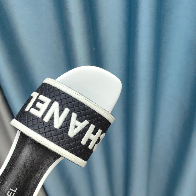 MULE SANDAL 45 WHITE BLACK FABRIC EMBROIDERY