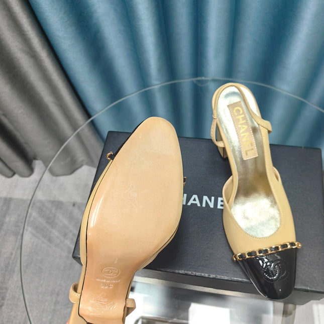 HIGH SLINGBACKS IN DARK CREAM MIX BLACK LAMBSKIN