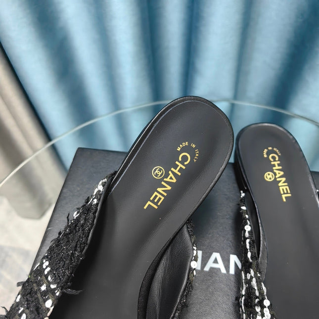 MULE IN BLACK TWEED AND LAMBSKIN