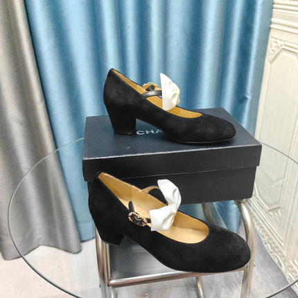 HIGH MARY JANE SHOES BLACK SUEDE WITH WHITE BOW