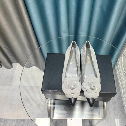 CC BALLET FLAT IN SPANISH GRAY SUEDE AND BLACK CALFSKIN WITH FLOWER
