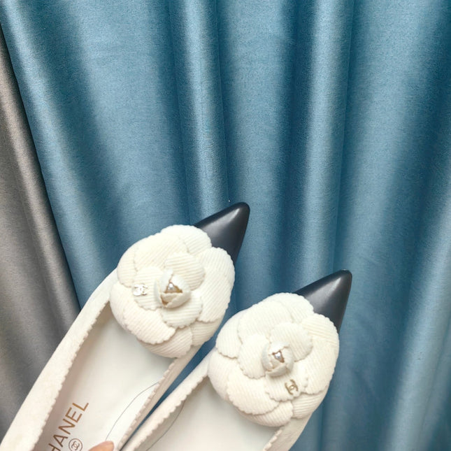 CC BALLET FLAT IN WHITE SUEDE AND BLACK CALFSKIN WITH FLOWER