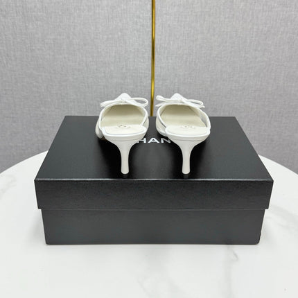 CC HEEL MULES 25S IN WHITE MESH FABRIC AND LAMBSKIN WITH BOW