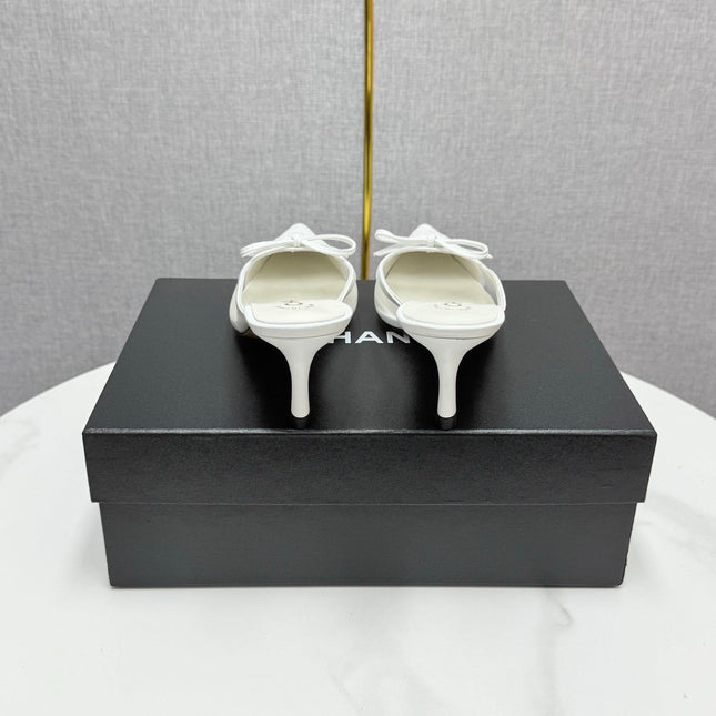 CC HEEL MULES 25S IN WHITE MESH FABRIC AND LAMBSKIN WITH BOW