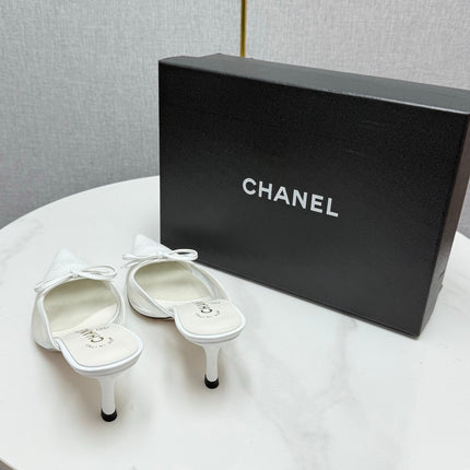 CC HEEL MULES 25S IN WHITE MESH FABRIC AND LAMBSKIN WITH BOW