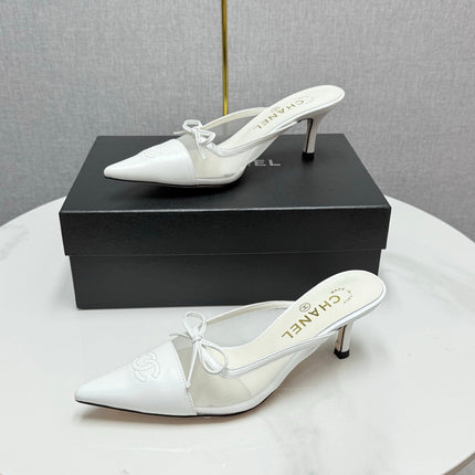 CC HEEL MULES 25S IN WHITE MESH FABRIC AND LAMBSKIN WITH BOW