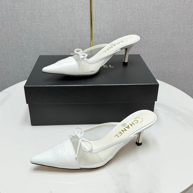 CC HEEL MULES 25S IN WHITE MESH FABRIC AND LAMBSKIN WITH BOW