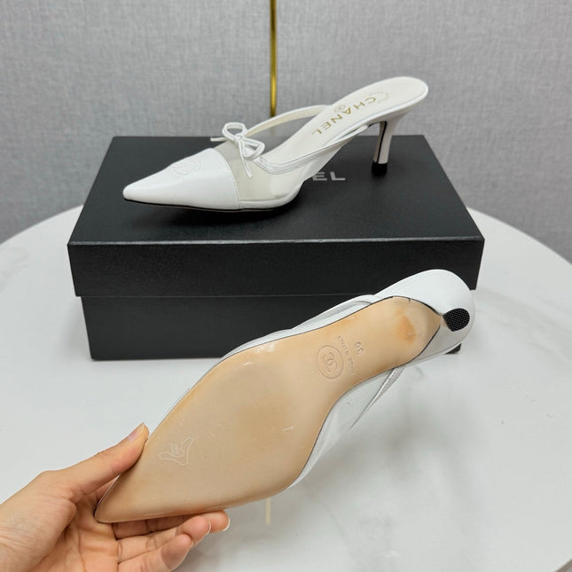 CC HEEL MULES 25S IN WHITE MESH FABRIC AND LAMBSKIN WITH BOW