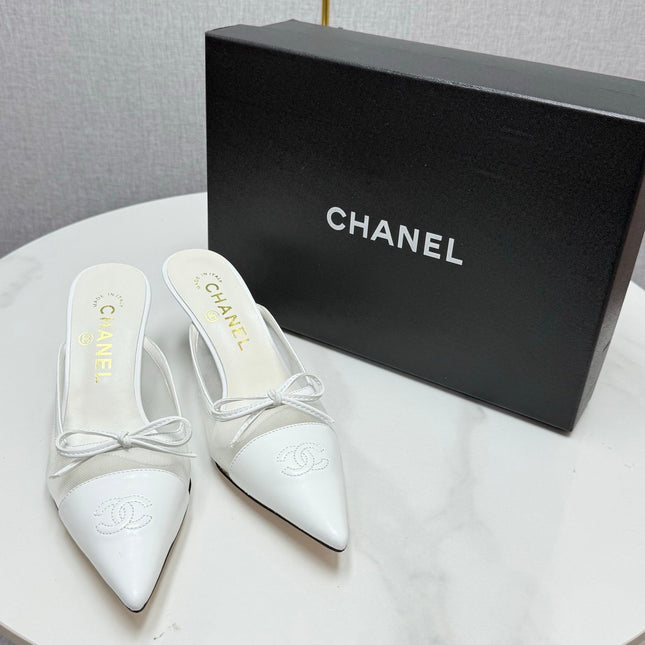 CC HEEL MULES 25S IN WHITE MESH FABRIC AND LAMBSKIN WITH BOW