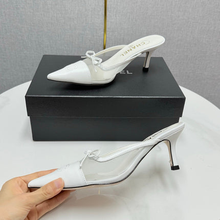CC HEEL MULES 25S IN WHITE MESH FABRIC AND LAMBSKIN WITH BOW