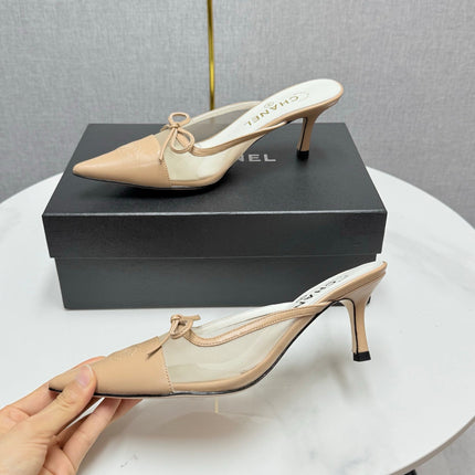 CC HEEL MULES 25S IN BEIGE MESH FABRIC AND LAMBSKIN WITH BOW