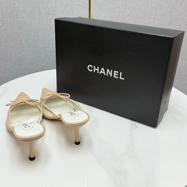 CC HEEL MULES 25S IN BEIGE MESH FABRIC AND LAMBSKIN WITH BOW