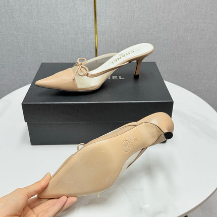 CC HEEL MULES 25S IN BEIGE MESH FABRIC AND LAMBSKIN WITH BOW