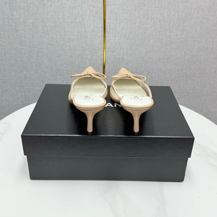 CC HEEL MULES 25S IN BEIGE MESH FABRIC AND LAMBSKIN WITH BOW