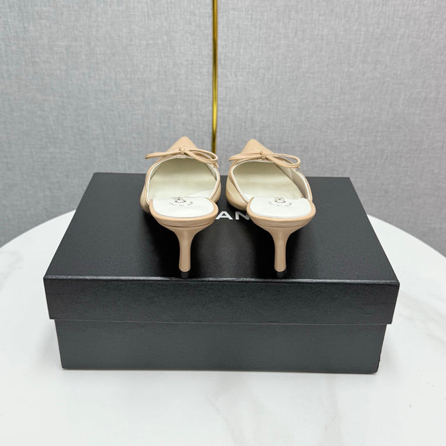 CC HEEL MULES 25S IN BEIGE MESH FABRIC AND LAMBSKIN WITH BOW