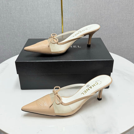 CC HEEL MULES 25S IN BEIGE MESH FABRIC AND LAMBSKIN WITH BOW