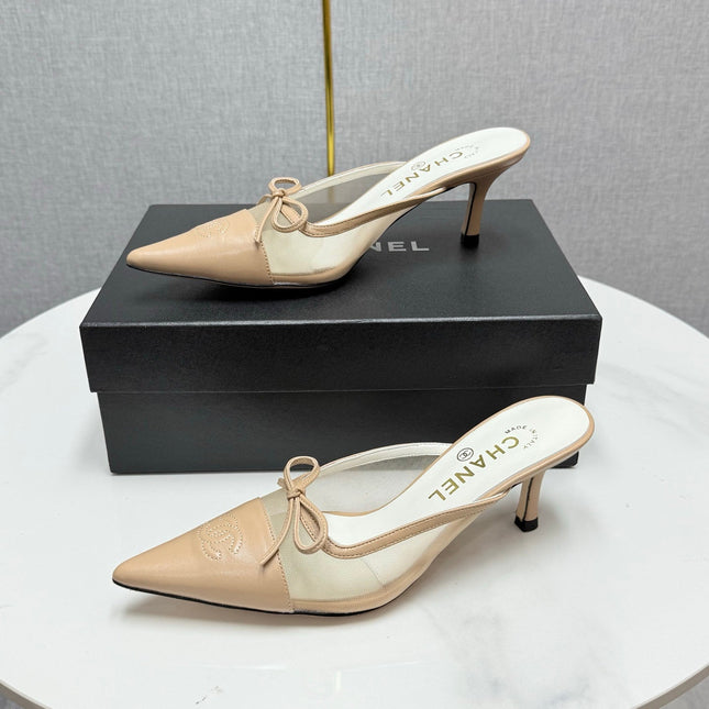 CC HEEL MULES 25S IN BEIGE MESH FABRIC AND LAMBSKIN WITH BOW