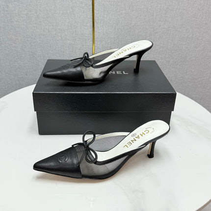 CC HEEL MULES 25S IN BLACK MESH FABRIC AND LAMBSKIN WITH BOW