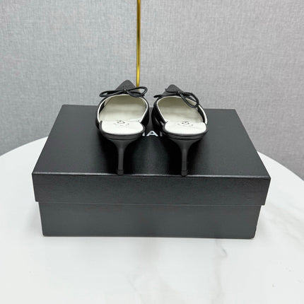 CC HEEL MULES 25S IN BLACK MESH FABRIC AND LAMBSKIN WITH BOW