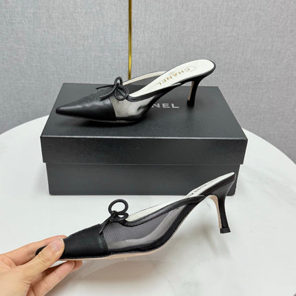 CC HEEL MULES 25S IN BLACK MESH FABRIC AND LAMBSKIN WITH BOW