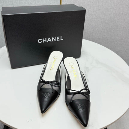 CC HEEL MULES 25S IN BLACK MESH FABRIC AND LAMBSKIN WITH BOW