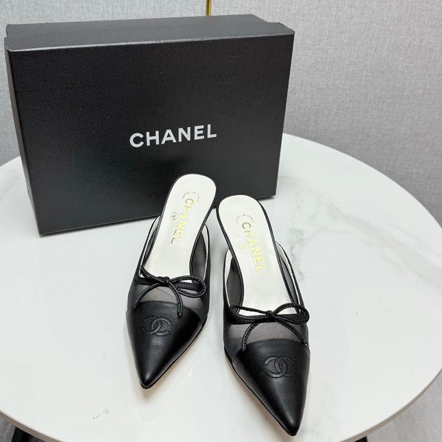 CC HEEL MULES 25S IN BLACK MESH FABRIC AND LAMBSKIN WITH BOW