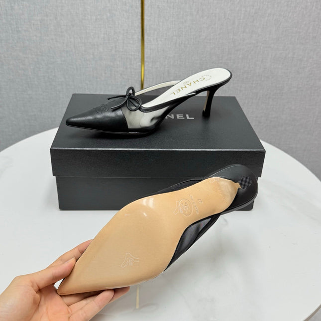 CC HEEL MULES 25S IN BLACK MESH FABRIC AND LAMBSKIN WITH BOW