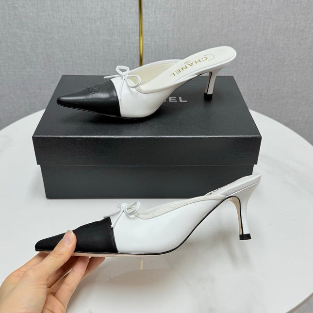 CC HEEL MULES 25S IN BLACK AND WHITE LAMBSKIN WITH BOW