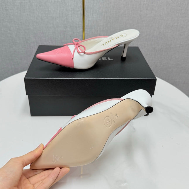 CC HEEL MULES 25S IN PINK AND WHITE LAMBSKIN WITH BOW