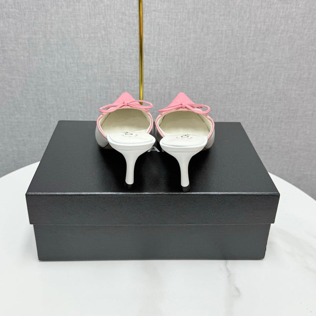 CC HEEL MULES 25S IN PINK AND WHITE LAMBSKIN WITH BOW