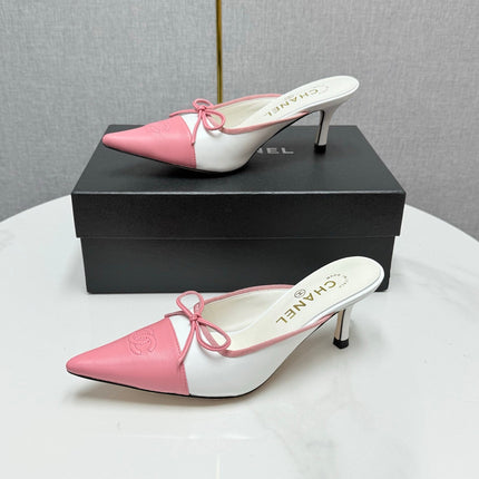 CC HEEL MULES 25S IN PINK AND WHITE LAMBSKIN WITH BOW