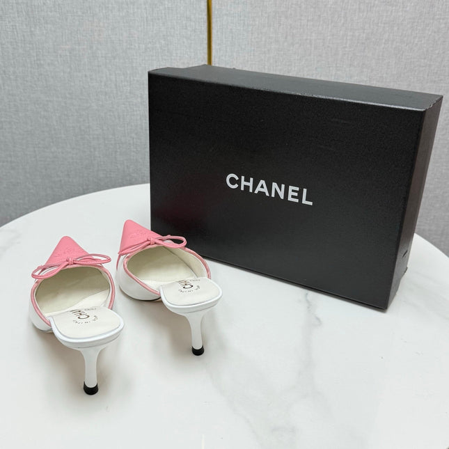 CC HEEL MULES 25S IN PINK AND WHITE LAMBSKIN WITH BOW