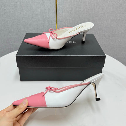 CC HEEL MULES 25S IN PINK AND WHITE LAMBSKIN WITH BOW