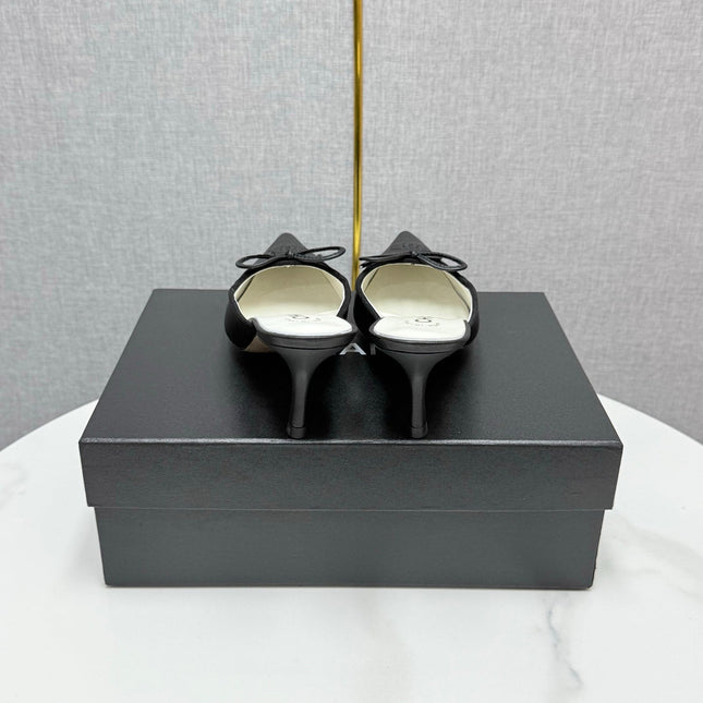 CC HEEL MULES 25S IN BLACK LAMBSKIN WITH BOW