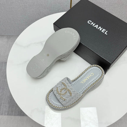 CC WEDGE SOLE SANDALS 25S IN DUSTY BLUE GREY FABRIC WITH LOGO